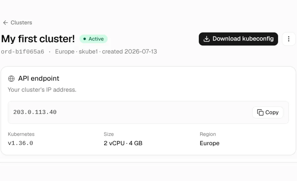 skube dashboard showing an active cluster with a Download kubeconfig button