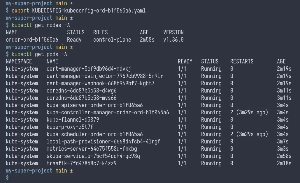 Terminal showing kubectl get nodes and a running pod list against a skube cluster